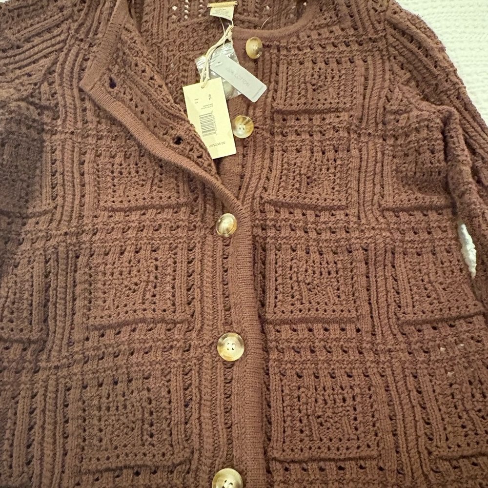 NWT MAGASCHONI Chocolate Brown Crochet Cardigan Sweater Small button up
